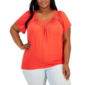 Style & Co. Plus Size 1X Vibrant Orange Pleat-Neck Casual Top NWOT